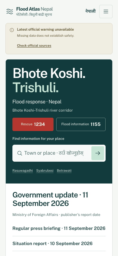 Mobile Flood Atlas Nepal homepage showing warning availability, rescue and flood information numbers, place search, and a dated government update.