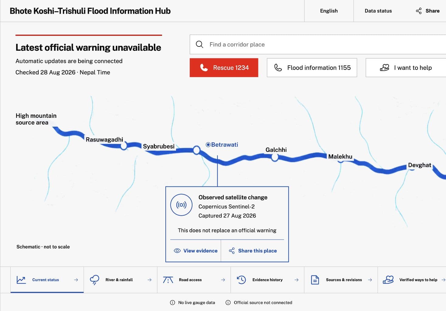 Earlier desktop concept centered on a horizontal schematic of the Bhote Koshi-Trishuli river corridor and emergency actions.