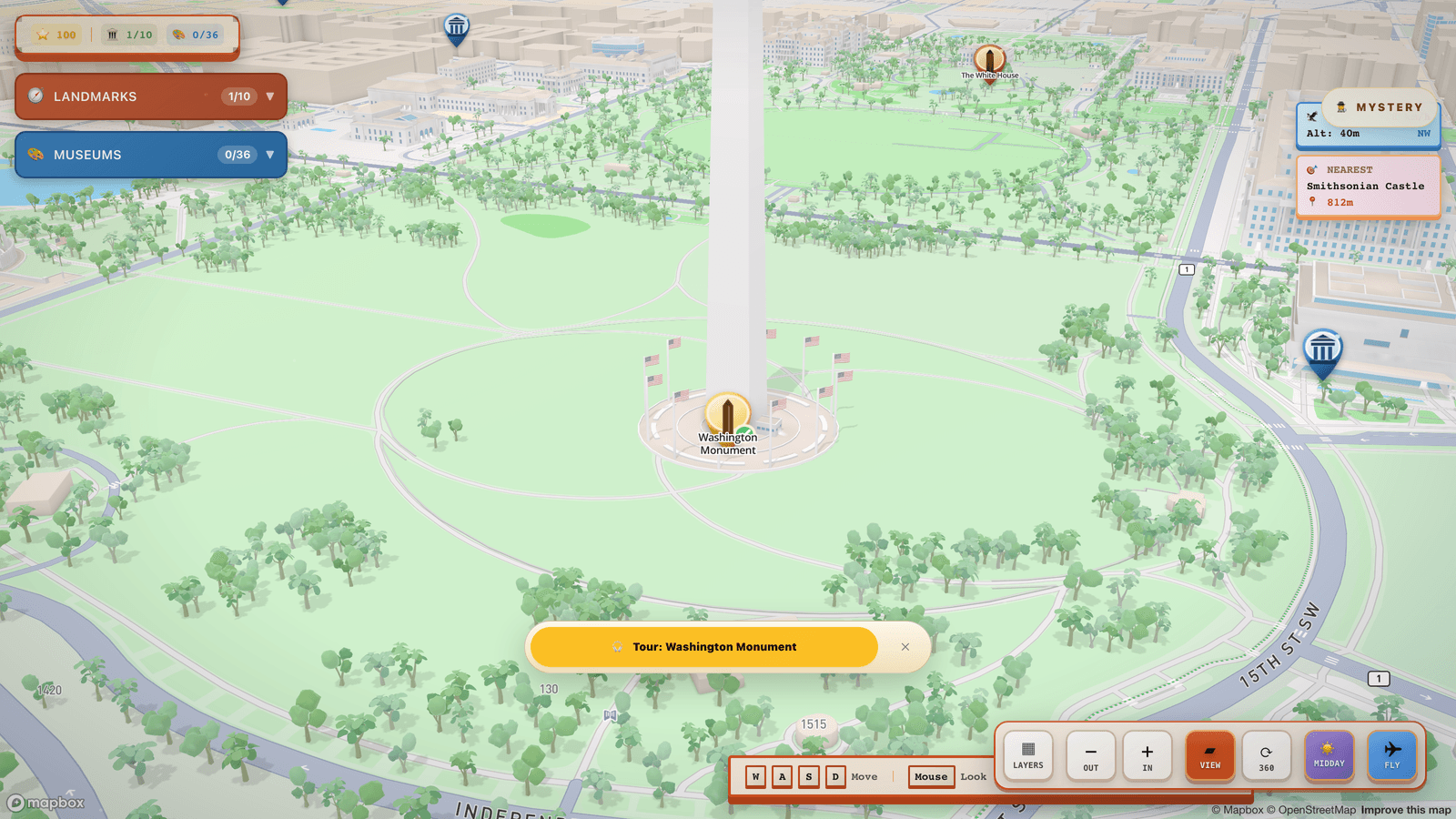 Fly-mode controls and the camera view over Washington, D.C.
